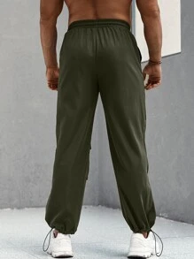 Manfinity Men Flap Pocket Drawstring Waist Cargo Trousers - Army Green - View 2