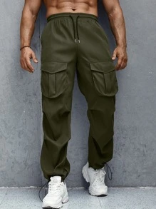 Manfinity Men Flap Pocket Drawstring Waist Cargo Trousers - Army Green - View 8