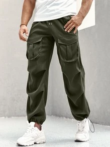 Manfinity Men Flap Pocket Drawstring Waist Cargo Trousers - Army Green - View 4