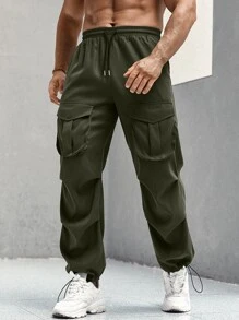 Manfinity Men Flap Pocket Drawstring Waist Cargo Trousers - Army Green - View 1