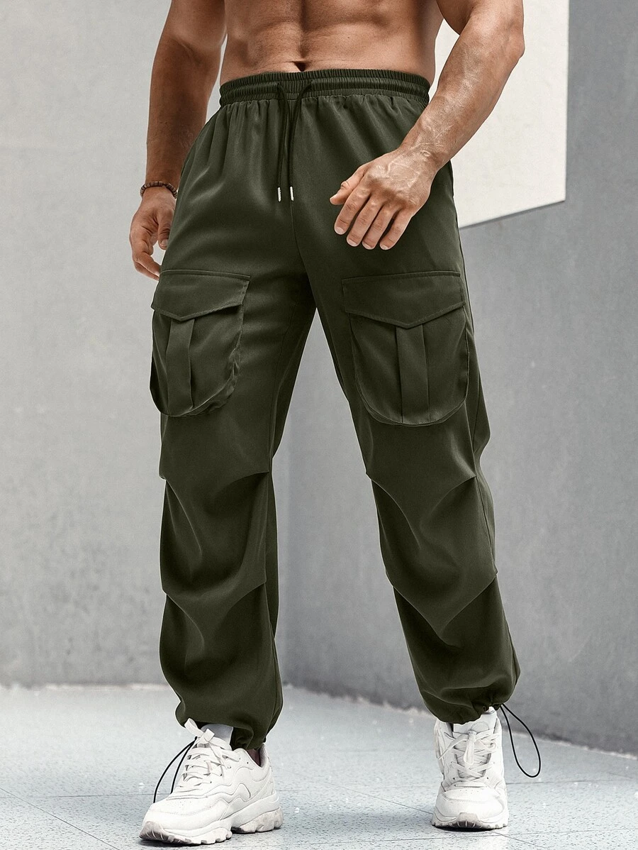 Manfinity Men Flap Pocket Drawstring Waist Cargo Trousers - Army Green - View 1