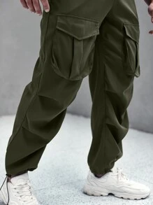 Manfinity Men Flap Pocket Drawstring Waist Cargo Trousers - Army Green - View 5