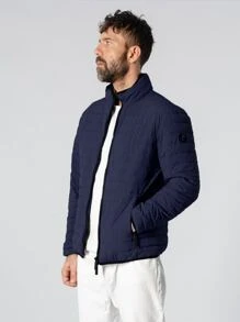 Men Letter Patched Detail Zipper Padded Coat - Navy Blue - View 1
