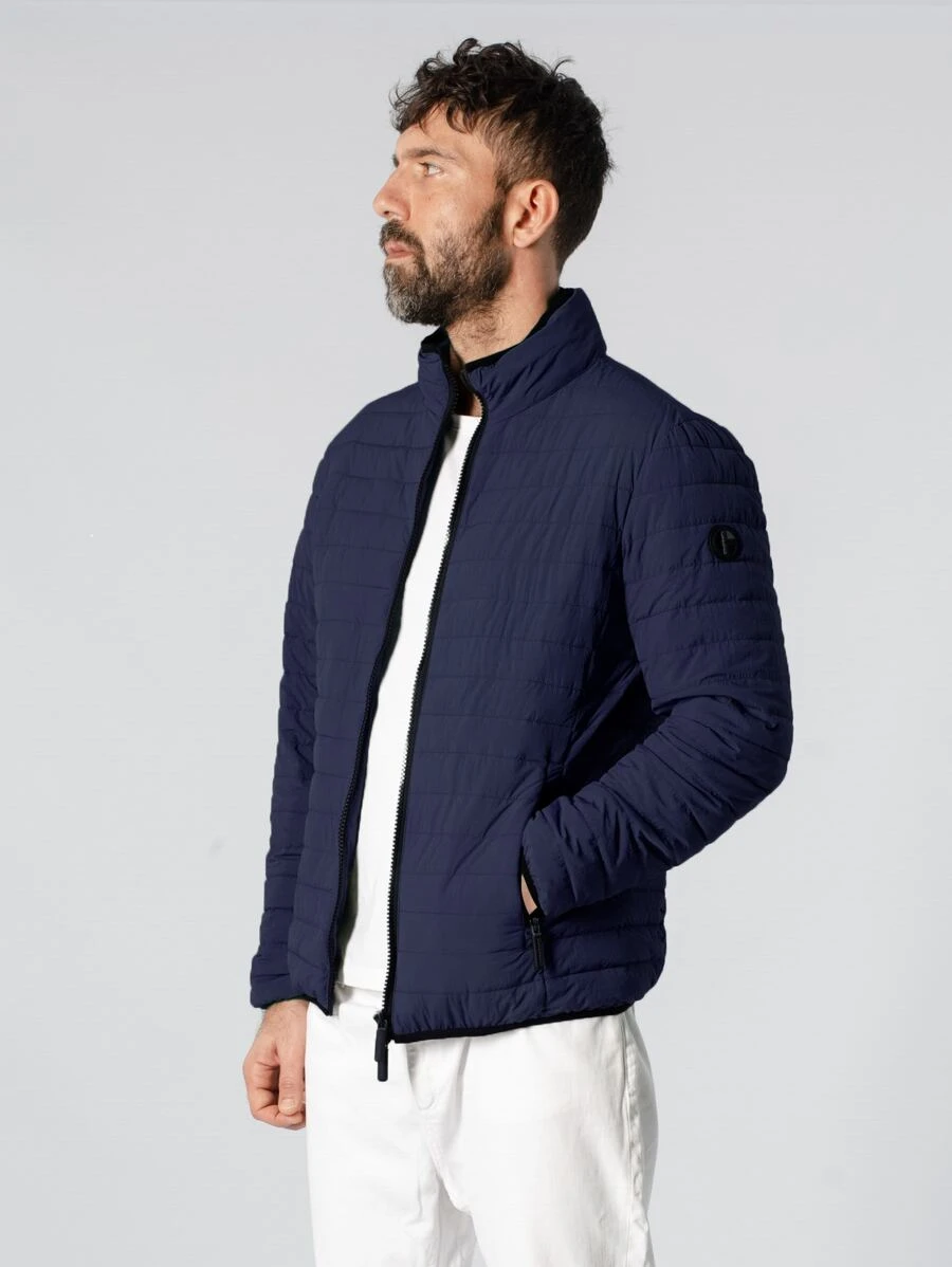 Men Letter Patched Detail Zipper Padded Coat - Navy Blue - View 1