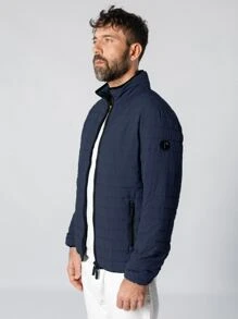 Men Letter Patched Detail Zipper Padded Coat - Navy Blue - View 3