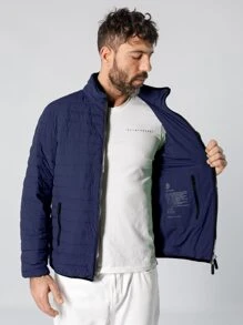 Men Letter Patched Detail Zipper Padded Coat - Navy Blue - View 4