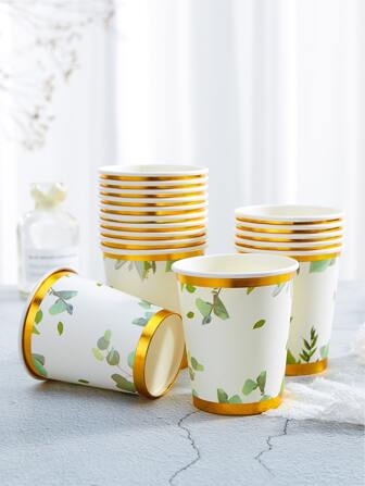 10入組/套紙質一次性杯子田園葉子圖案外出杯適用於生日派對咖啡廳小酒館和商務