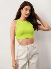 SHEIN BASICS Solid Ribbed Knit Crop Tank Top For Summer