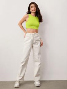 SHEIN BASICS Solid Ribbed Knit Crop Tank Top For Summer