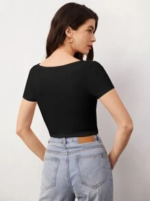 SHEIN BASICS 1 Peça Camiseta Casual Versátil Feminina de Cor Sólida, Gola Redonda, Manga Curta e Cropped - Preto - Visão 2