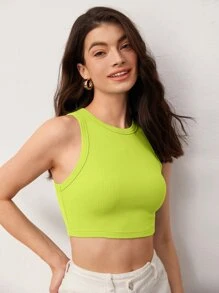 SHEIN BASICS Solid Ribbed Knit Crop Tank Top For Summer