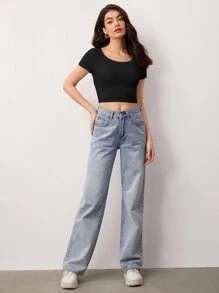 SHEIN BASICS 1 Peça Camiseta Casual Versátil Feminina de Cor Sólida, Gola Redonda, Manga Curta e Cropped - Preto - Visão 4