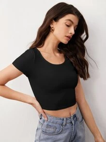 SHEIN BASICS 1 Peça Camiseta Casual Versátil Feminina de Cor Sólida, Gola Redonda, Manga Curta e Cropped - Preto - Visão 3