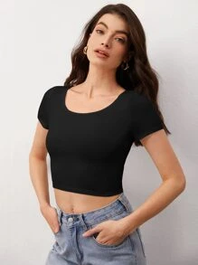 SHEIN BASICS 1 Peça Camiseta Casual Versátil Feminina de Cor Sólida, Gola Redonda, Manga Curta e Cropped - Preto - Visão 5