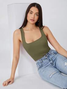 SHEIN BASICS Solid Square Neck Tank Top For Summer - Army Green - View 1