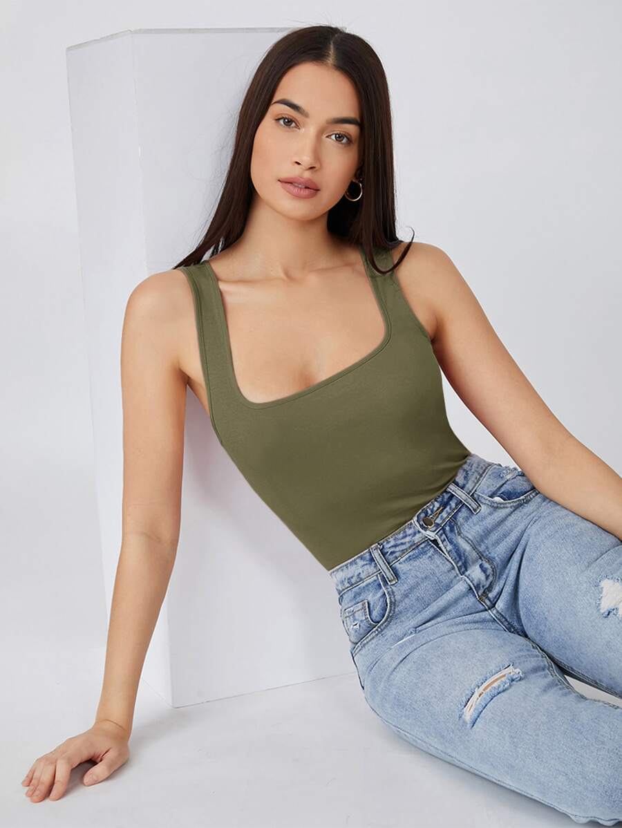 SHEIN BASICS Solid Square Neck Tank Top For Summer - Army Green - View 1