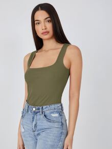 SHEIN BASICS Solid Square Neck Tank Top For Summer - Army Green - View 3