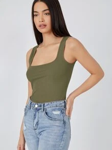 SHEIN BASICS Solid Square Neck Tank Top For Summer - Army Green - View 4