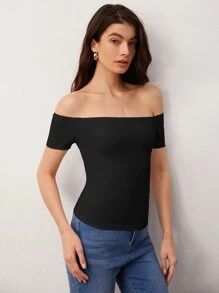 SHEIN BASICS Casual Commuting Off Shoulder Solid Tee
