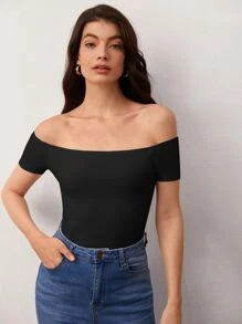 SHEIN BASICS Casual Commuting Off Shoulder Solid Tee