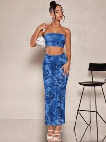 SHEIN BAE Floral Print Tube Top & Pencil Skirt - Blue - View 1