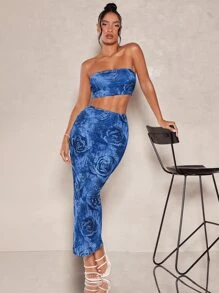 SHEIN BAE Floral Print Tube Top & Pencil Skirt - Blue - View 4