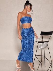 SHEIN BAE Floral Print Tube Top & Pencil Skirt - Blue - View 6