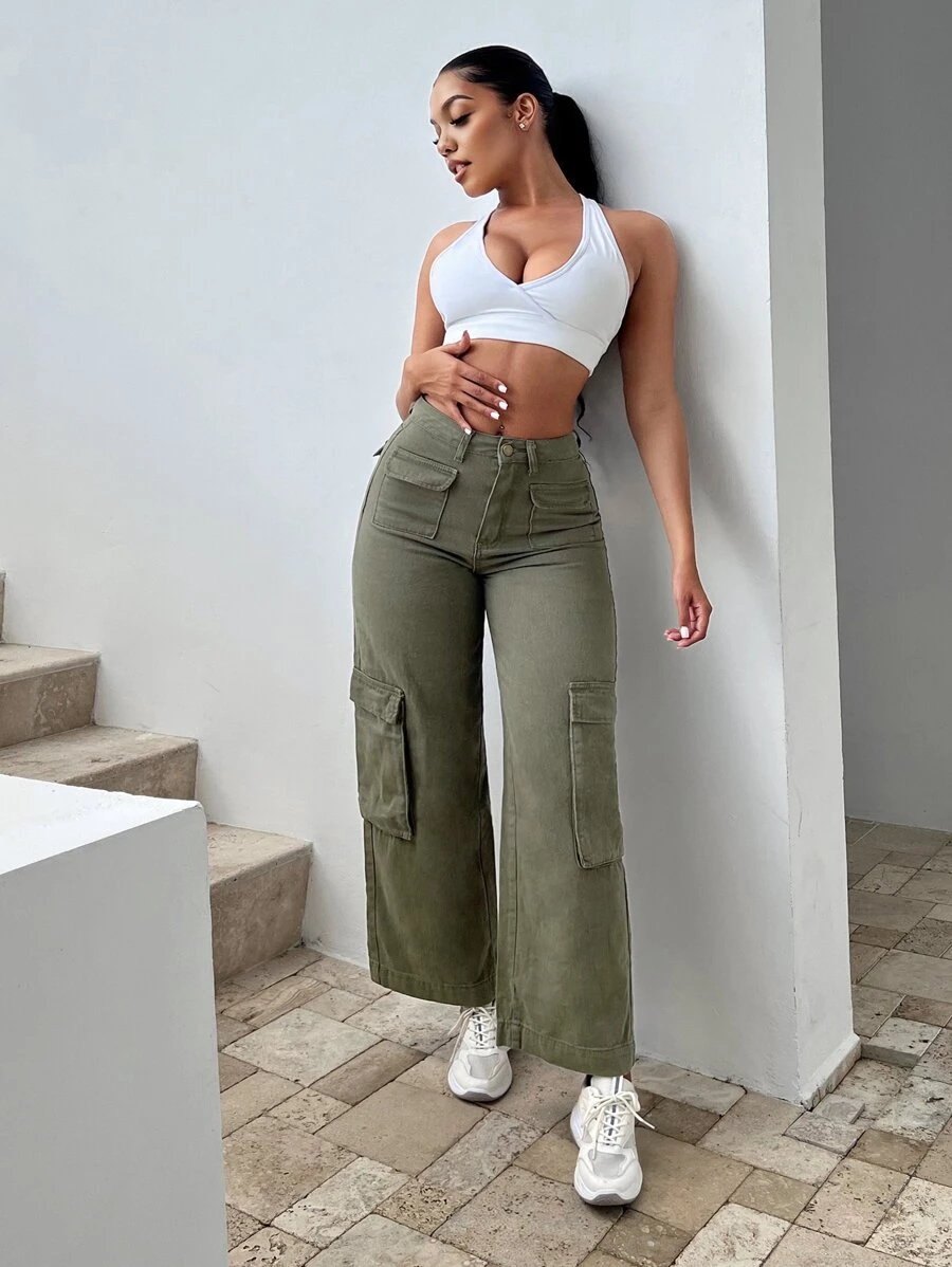 Flap Pocket Cargo Jeans - Green - View 1