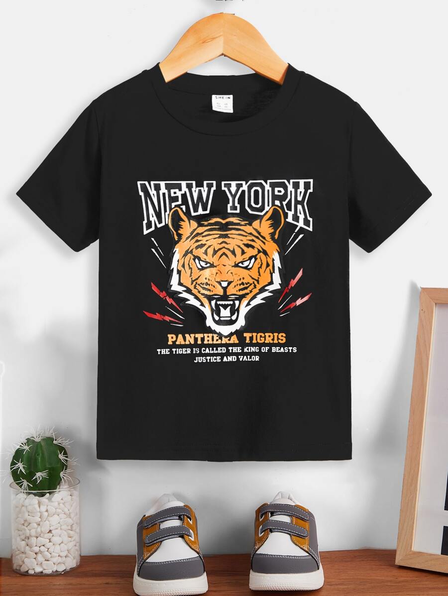 SHEIN 小男童老虎和標語圖案T恤