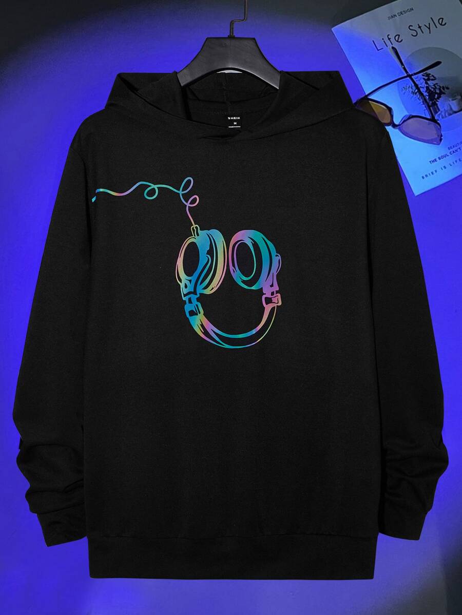 Manfinity Men Reflective Headphone Print Hoodie - Black - View 1