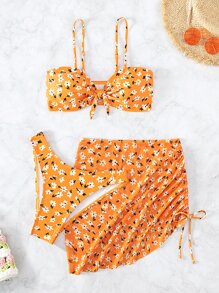 3入組小花紋前扣式夏季沙灘比基尼套裝和束口沙灘裙 - 橘色 - 查看 3