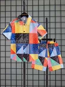 SHEIN Bộ hai mảnh Trai Nút phía trước Paisley Boho - Nhiều màu - Xem 1