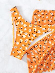 3入組小花紋前扣式夏季沙灘比基尼套裝和束口沙灘裙 - 橘色 - 查看 5