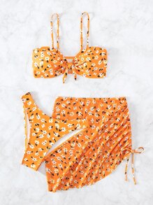 3入組小花紋前扣式夏季沙灘比基尼套裝和束口沙灘裙 - 橘色 - 查看 6