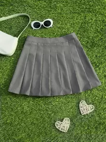 SHEIN Qutie 素色百褶半身裙 - 灰色 - 查看 1