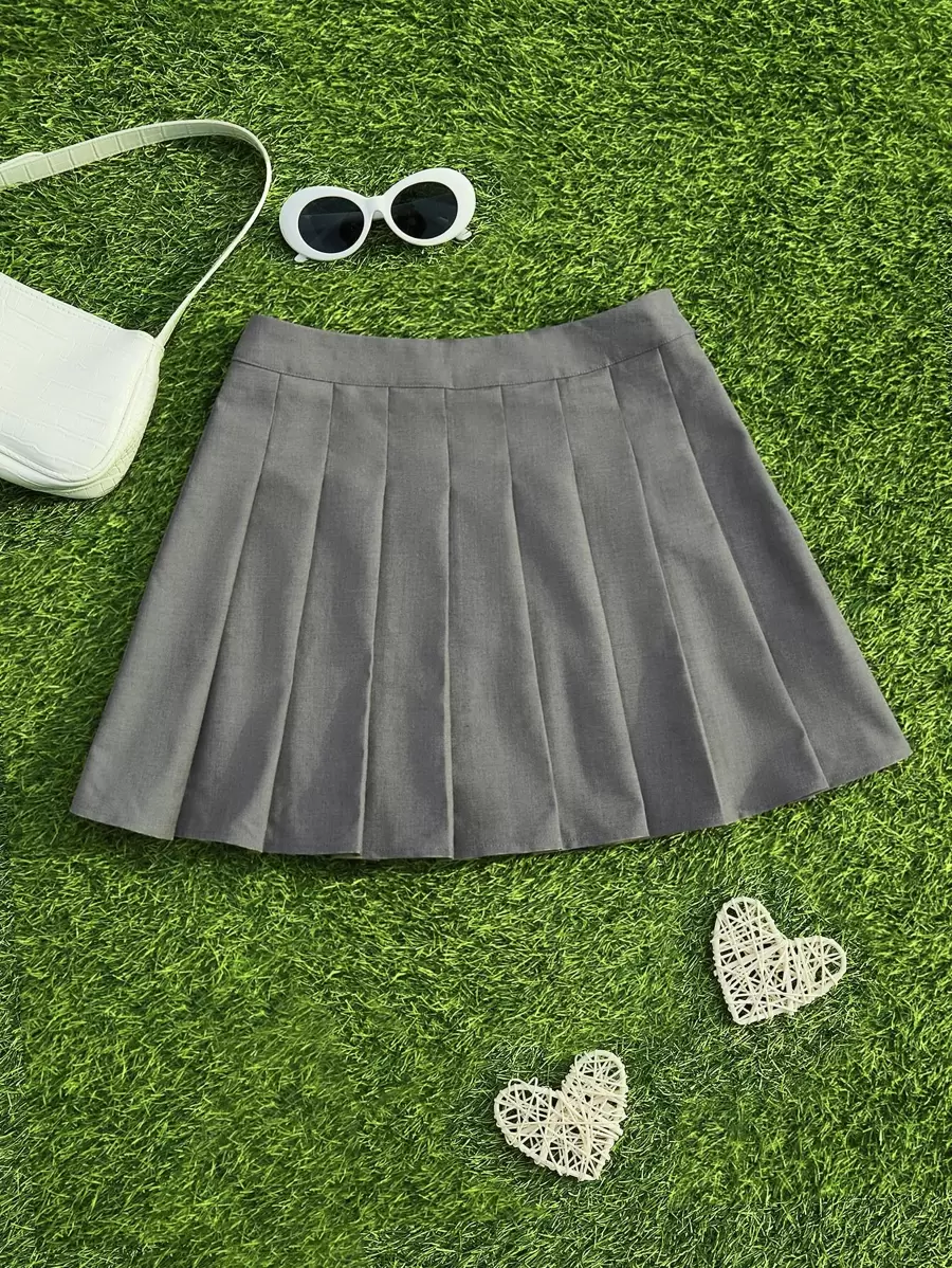 SHEIN Qutie 素色百褶半身裙 - 灰色 - 查看 1