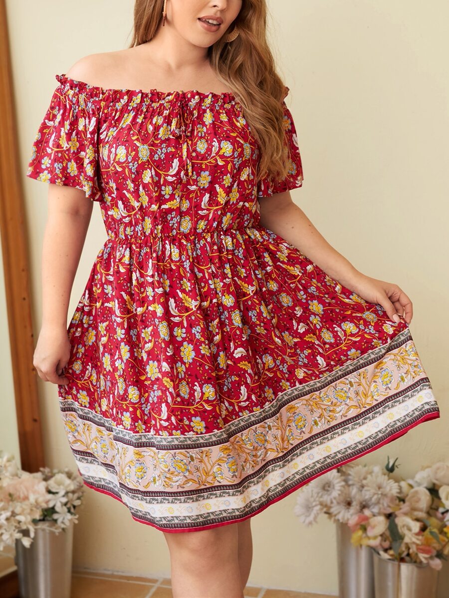 SHEIN VCAY Plus 1pc Floral Print Off Shoulder Ruffle Trim Dress | SHEIN USA