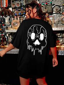 Flirla Plus Skull Print Drop Shoulder Tee - Black - View 1