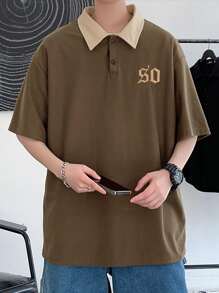 Manfinity Men Letter Graphic Contrast Collar Drop Shoulder Polo Shirt - Coffee Brown - View 1