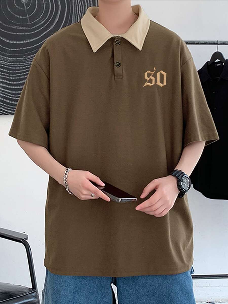 Manfinity Men Letter Graphic Contrast Collar Drop Shoulder Polo Shirt - Coffee Brown - View 1