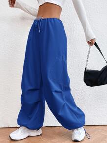 SHEIN EZwear Drawstring Waist Parachute Pants - Royal Blue - View 1