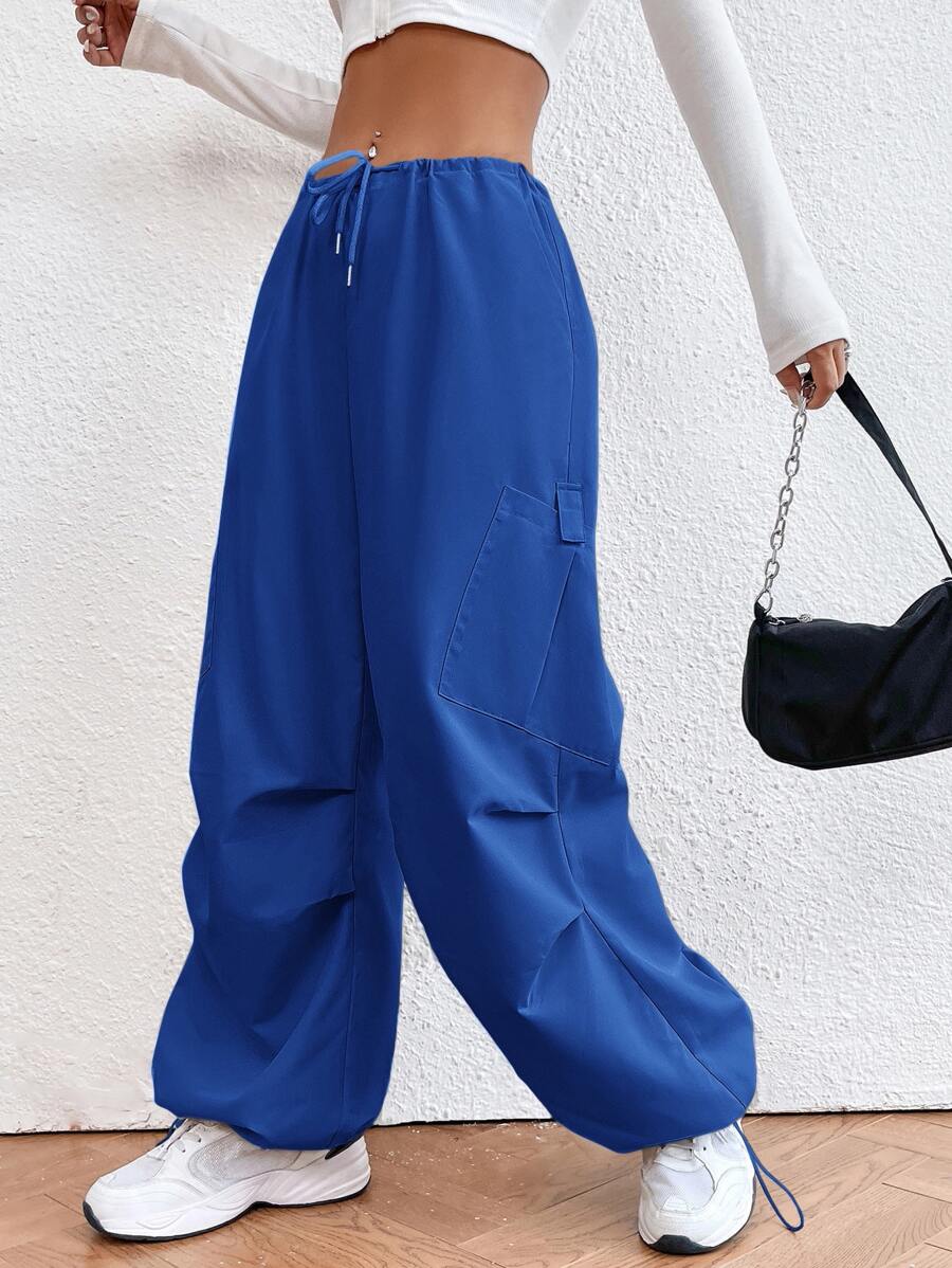 SHEIN EZwear Drawstring Waist Parachute Pants - Royal Blue - View 1