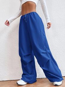 SHEIN EZwear Drawstring Waist Parachute Pants - Royal Blue - View 3