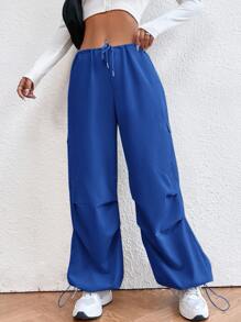 SHEIN EZwear Drawstring Waist Parachute Pants - Royal Blue - View 4