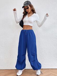 SHEIN EZwear Drawstring Waist Parachute Pants - Royal Blue - View 5