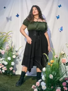 ROMWE Fairycore Đầm Plus Size Bất đối xứng Ren lên màu trơn Thanh lịch - Nhiều màu - Xem 1