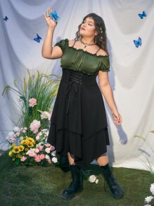 ROMWE Fairycore Đầm Plus Size Bất đối xứng Ren lên màu trơn Thanh lịch - Nhiều màu - Xem 3