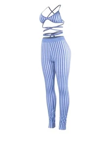 à rayures croisé dos-nu à nœud Top à fines brides & Legging - Bleu azur - Voir 1