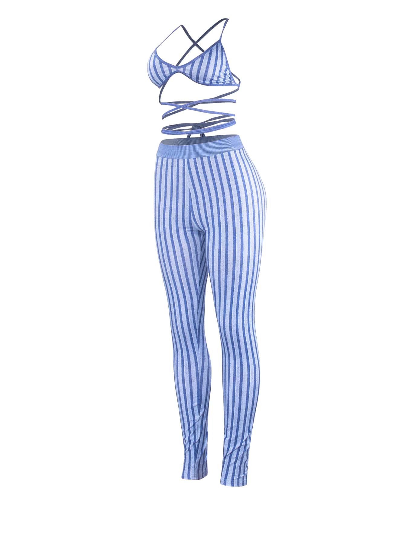 à rayures croisé dos-nu à nœud Top à fines brides & Legging - Bleu azur - Voir 1