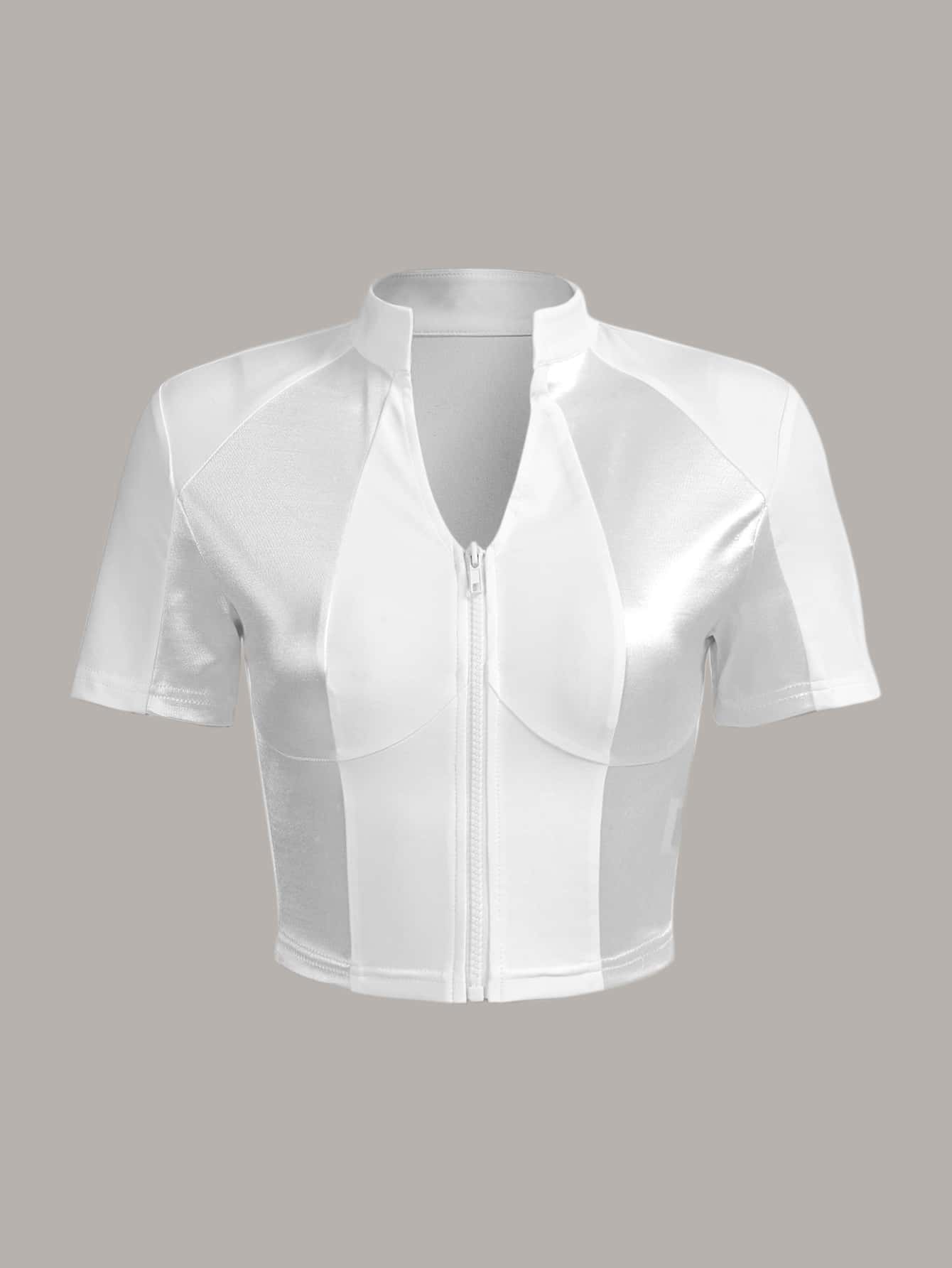 SHEIN ICON ノッチネックライン ジッパーアップ クロップシャツ - ホワイト - 見る 2